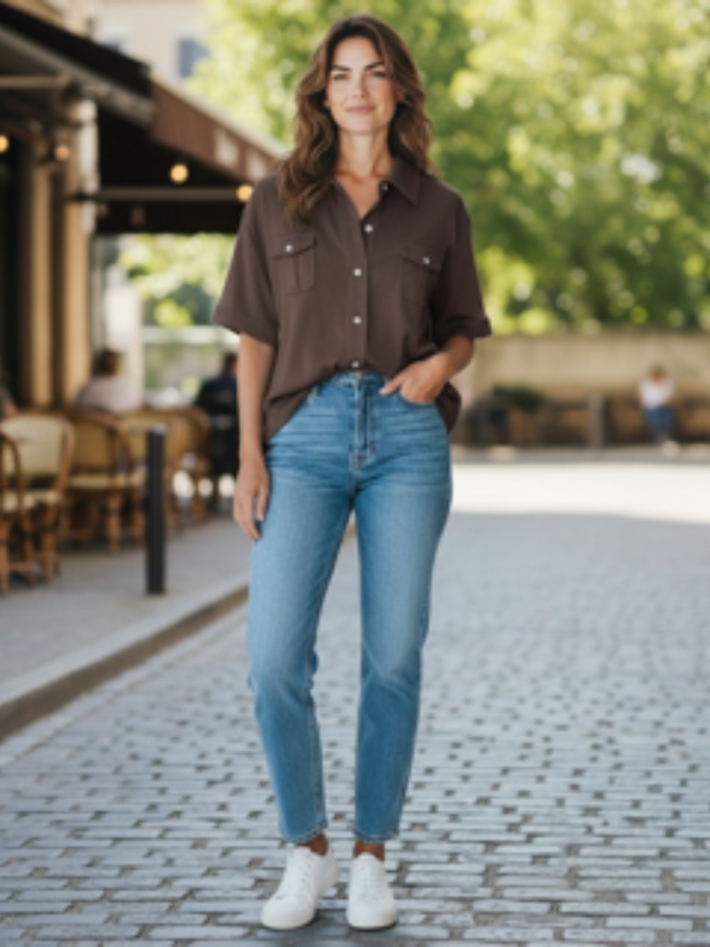 NWT Karen Scott Chocolate Short Sleeve Button-Down 2 Chest Pocket Top Size 1X